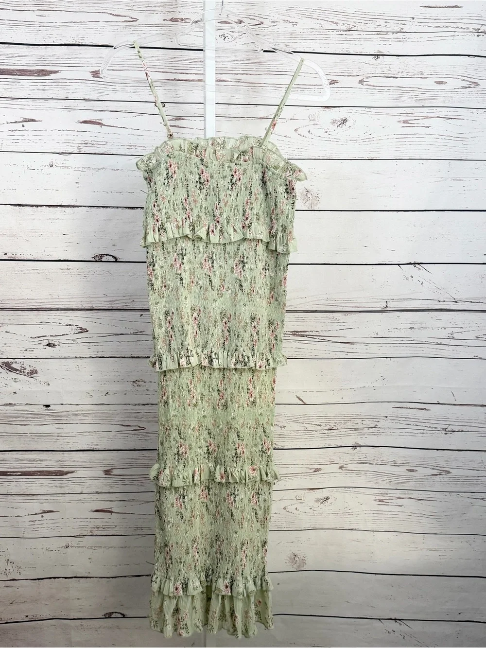 MABLE Light Green Pink Floral Print Smocked Midi Stretchy Tube Dress Size Small - Picture 10 of 11